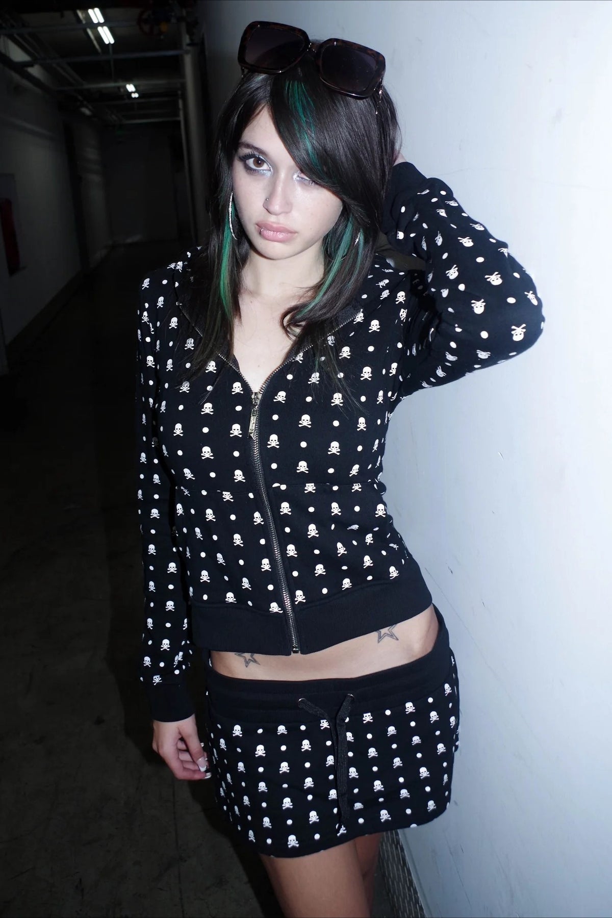 Skull Print Zip Hoodie Skirt Sets