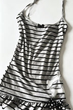Y2K Gray Black Stripe Bone Bow Cami Mini Dress