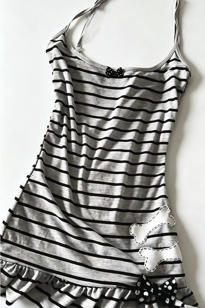 Y2K Gray Black Stripe Bone Bow Cami Mini Dress