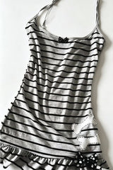 Y2K Gray Black Stripe Bone Bow Cami Mini Dress