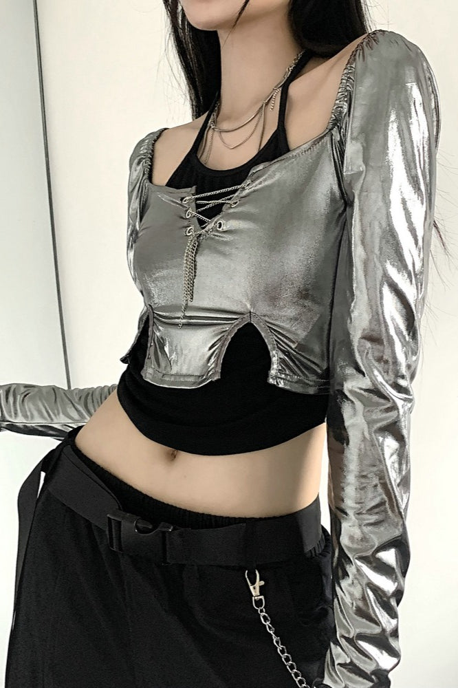 Futuristic Silver Long Sleeve Halter Crop Top Main image