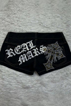 Rhinestone Cross Print Low-Rise Hot Pants