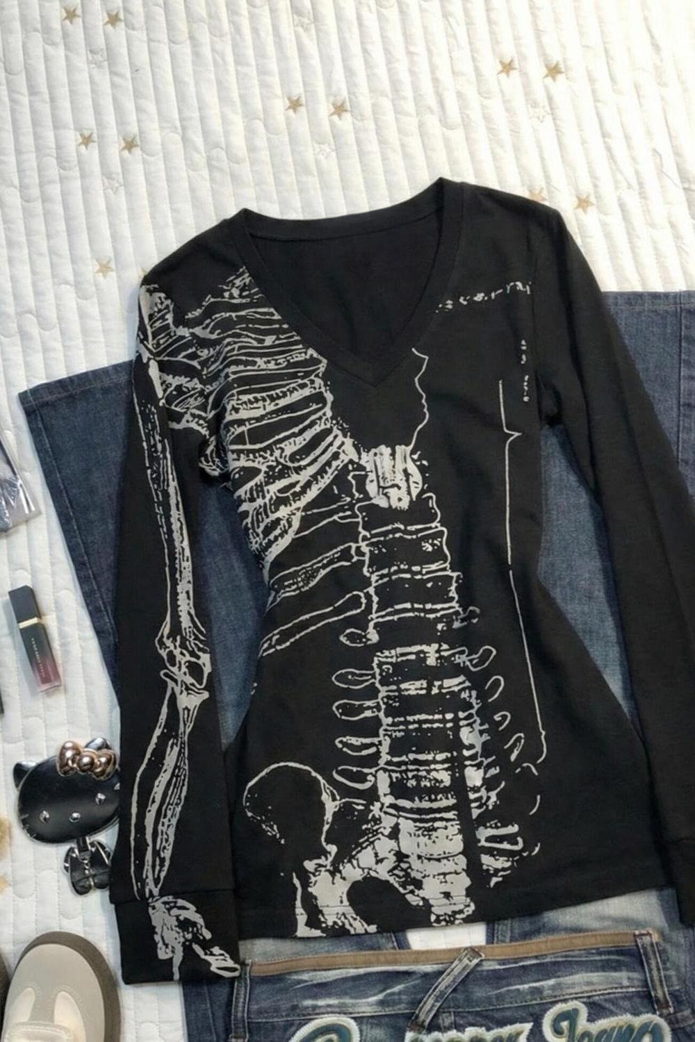 Black Skull Bone Printed V Neck Slim T-shirt
