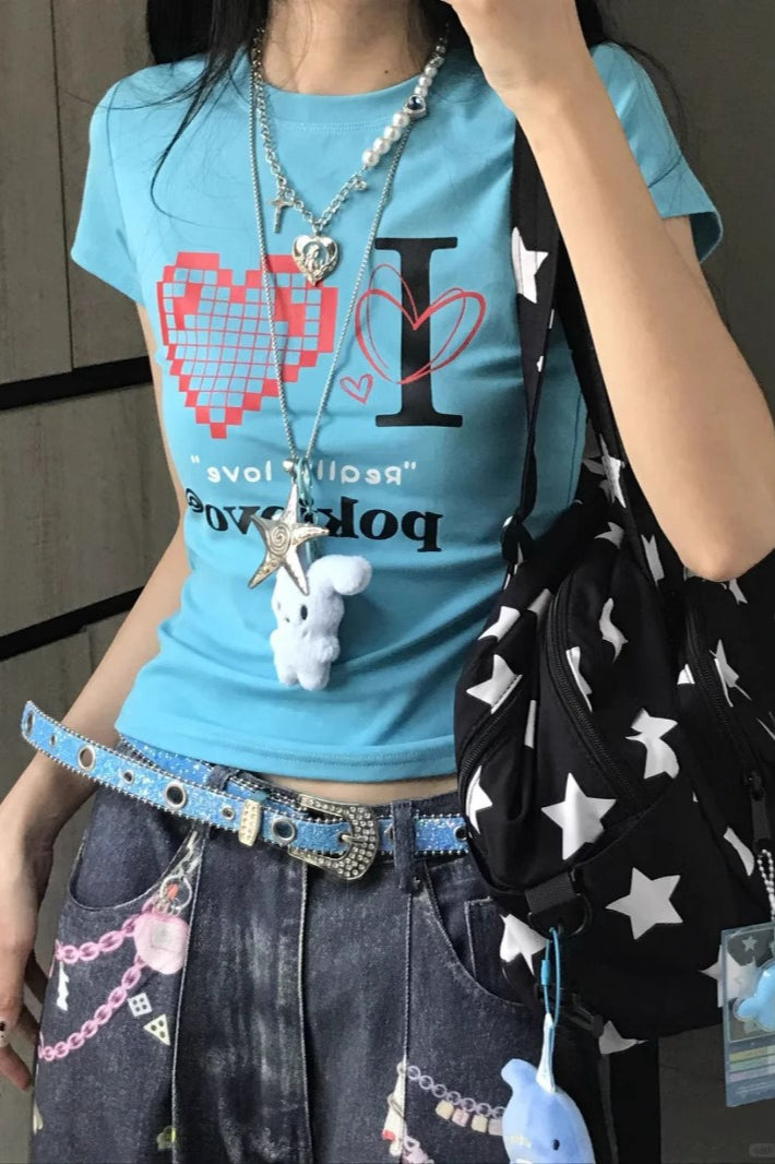 Blue Cotton Retro Printed Sweet Cool T-shirt Main image