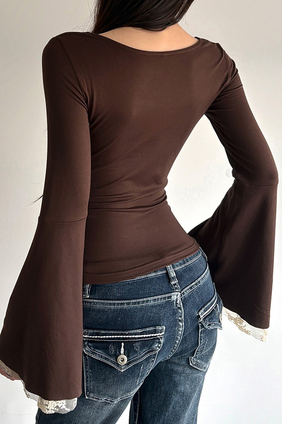 Lace Trim Button Bell Sleeve Crop Tops Secondary image