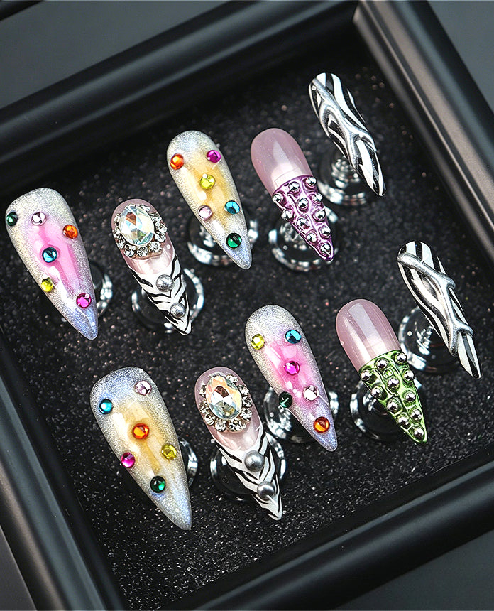 Y2K Zebra Print Colorful Rhinestone Press On Nails Main image