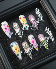 Y2K Zebra Print Colorful Rhinestone Press On Nails