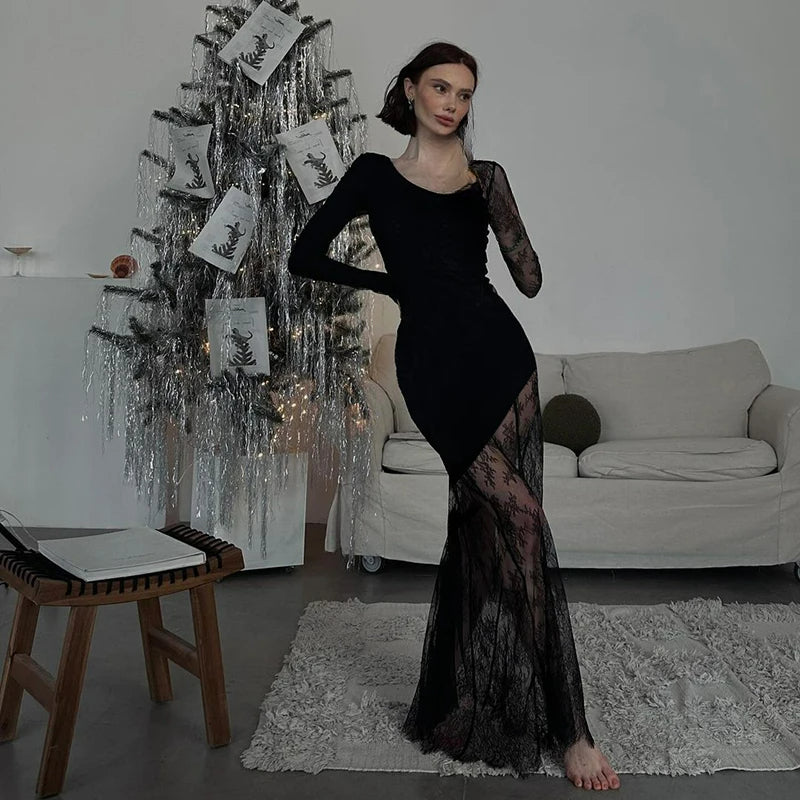 Lace Patchwork See Through Maxi Dress