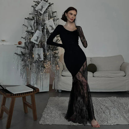 Lace Patchwork See Through Maxi Dress
