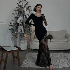 Lace Patchwork See Through Maxi Dress