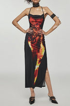 Flame Print Cross Strap Maxi Dress