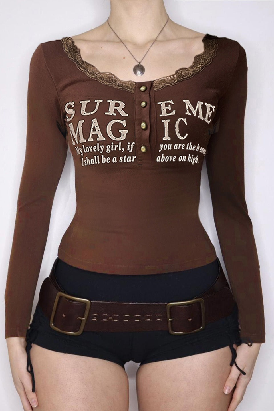 Lace Neck Letter Print Crop Tops