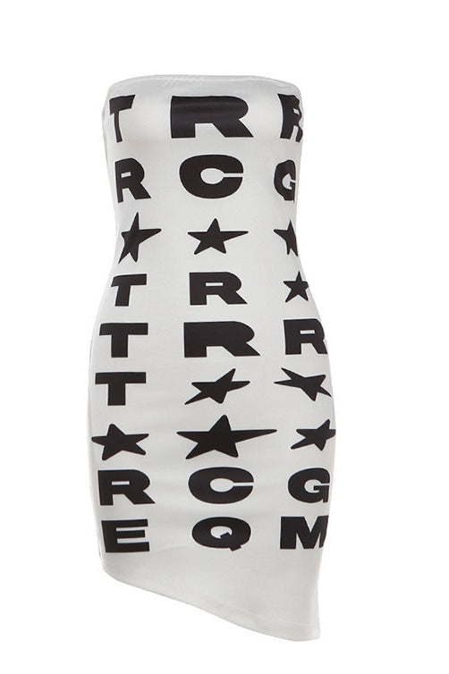 Letter Star Print Strapless Mini Dress