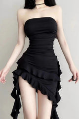Black Strapless Backless Ruffled Irregular Mini Dress