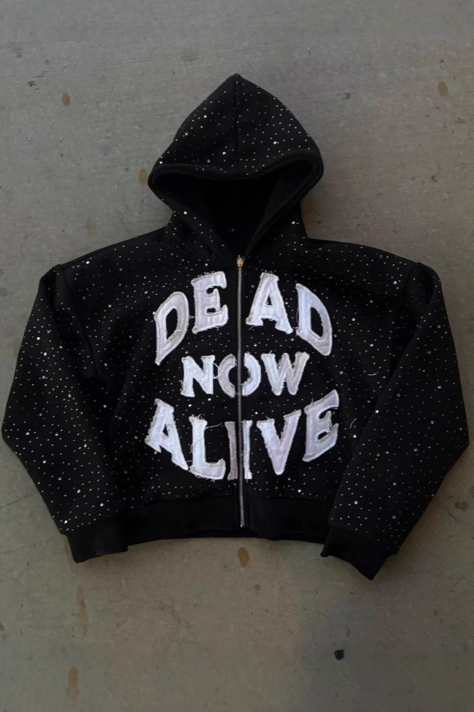 Bold Letter Studded Zip Hoodies