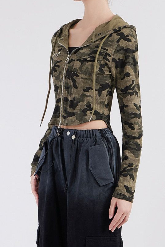 Camouflage Double Zip Cropped Hoodies