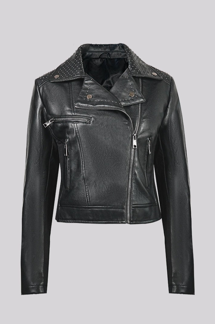 Rivet Trim Cropped Moto Leather Jacket