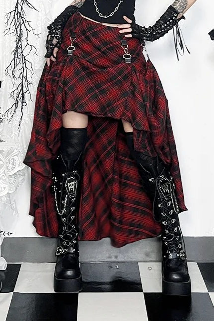 E-girl Red Plaid High Waist Grunge Irregular Skirt Secondary image