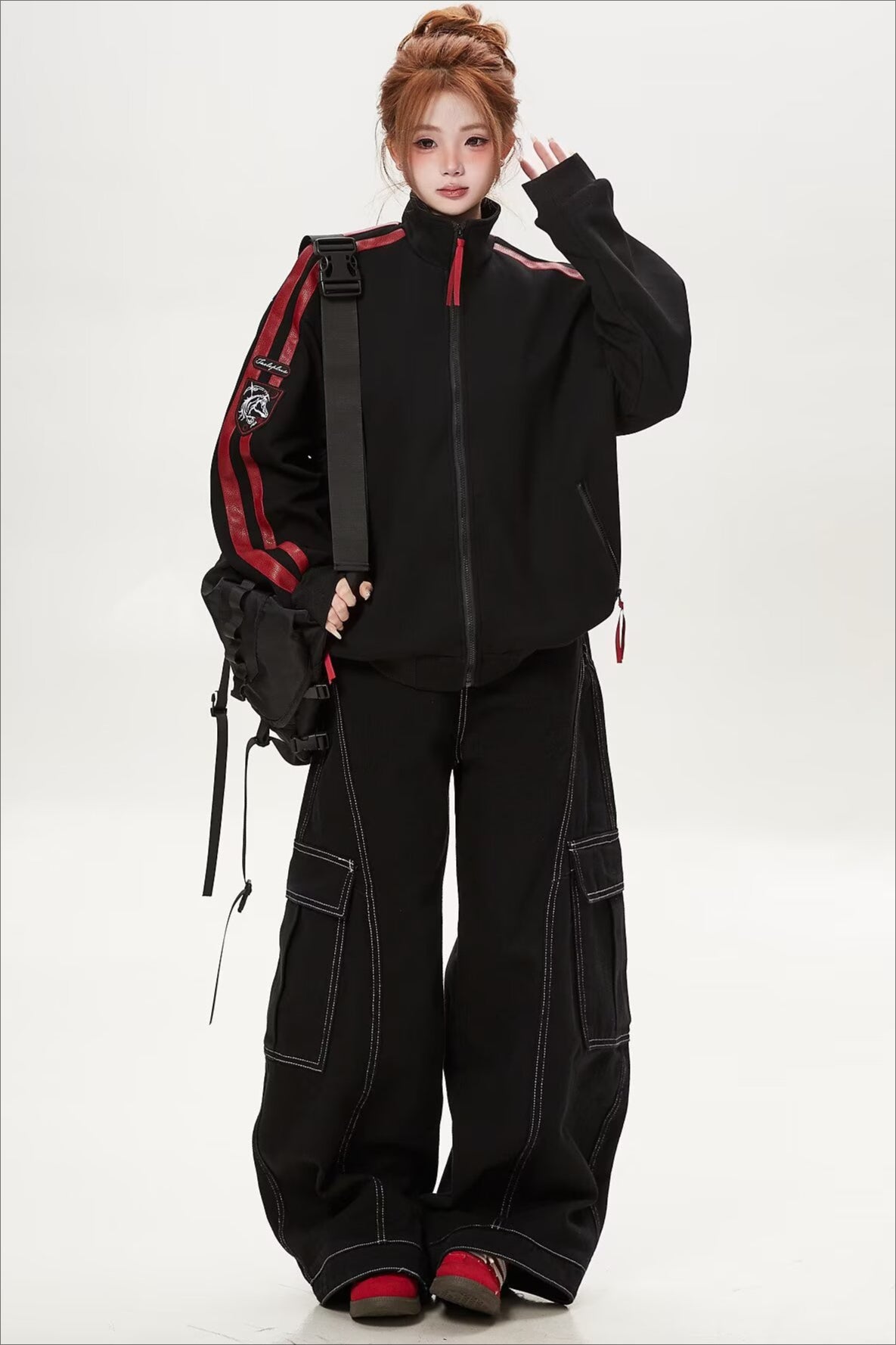 Stand Collar Striped Panel Jacket