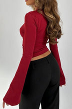Slim Deep V Bell Sleeve Lace Trim Knit Top