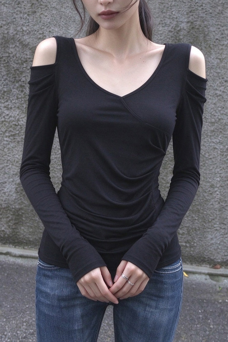 Cold Shoulder Ruched Front Crop Tops