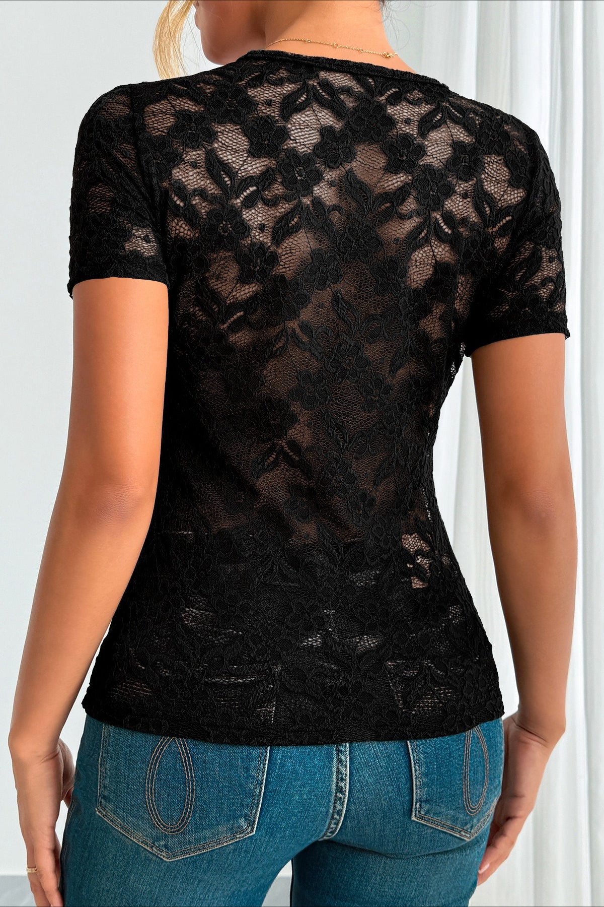 Floral Lace Scalloped Neck T-Shirt