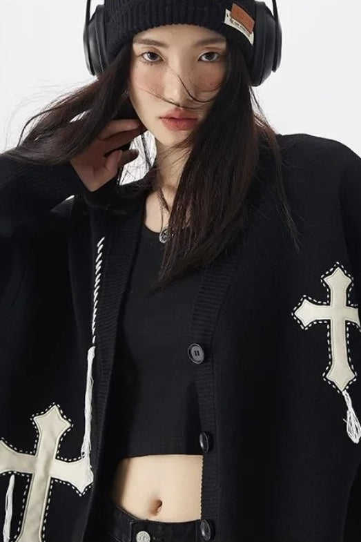 Black Vintage Y2k Goth Harajuku Cross Knitted Oversized Cardigan Sweater Secondary image