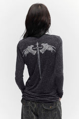 Gothic Cross Print V-Neck Long Sleeve T-shirt