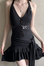 Black Sequin Cross Halter V-neck Mini Dress