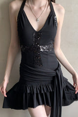 Black Sequin Cross Halter V-neck Mini Dress