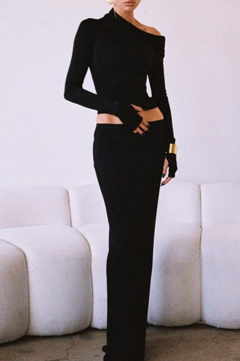 Asymmetric Shoulder Long Sleeve Skirt Sets