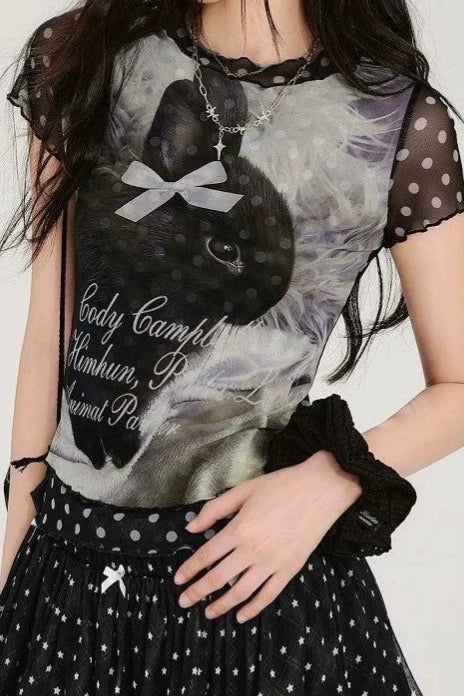 Rabbit Graphic Polka Dot Mesh T-Shirt