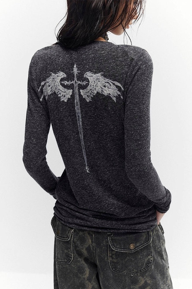 Gothic Cross Print V-Neck Long Sleeve T-shirt Main image