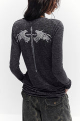 Gothic Cross Print V-Neck Long Sleeve T-shirt