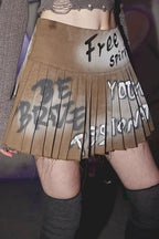 Graphic Fringe Pleated Mini Skirt