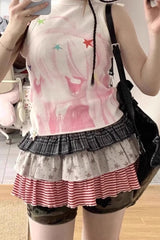 A-Line Pleated Patchwork Layered Star Striped Plaid Mini Skirt