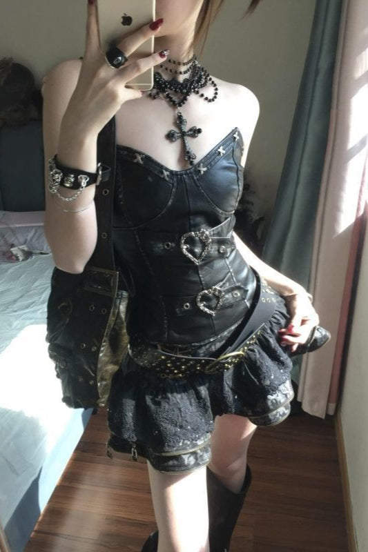 Buckle Bandeau Top And Puffy Mini Skirt Set