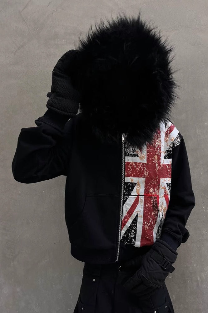 Union Jack Black Fur Trim Zip Hoodie Secondary image