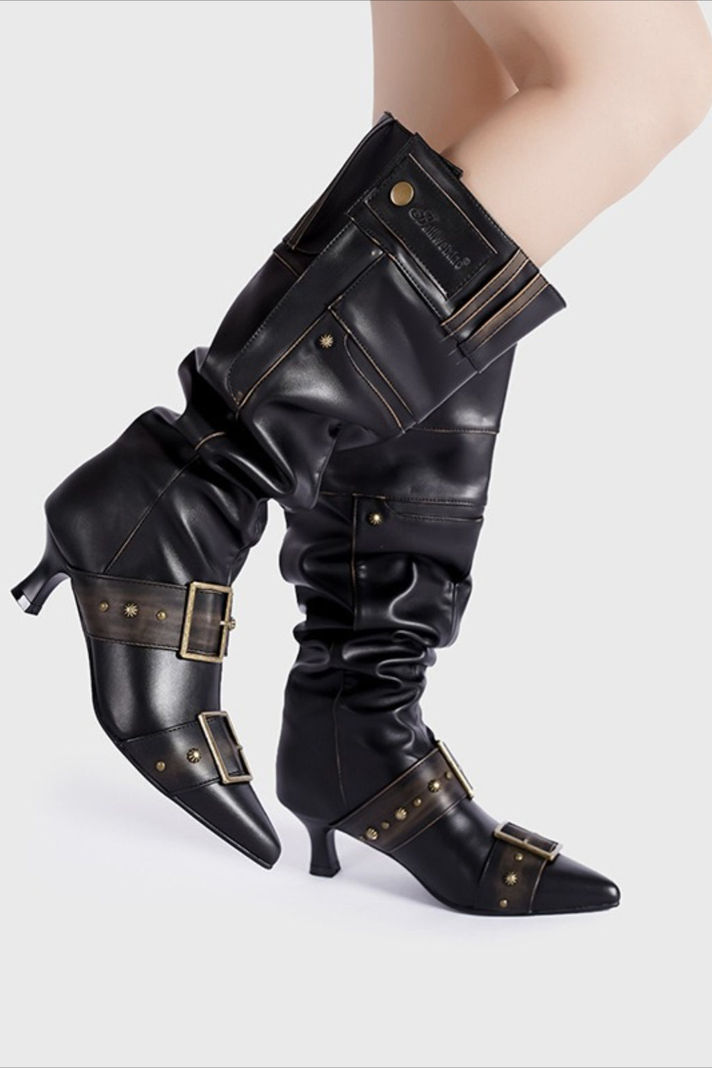 Pointed Buckle Slouch Knee-High Boots