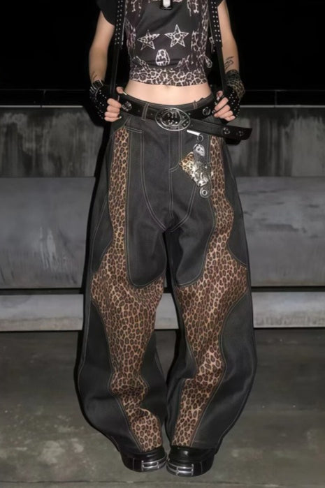 Leopard Mesh Panel Barrel Jeans