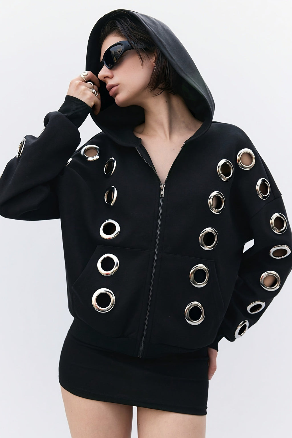 GothicPunkMetal Ring Cutout Zip Up Hoodie