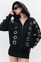 GothicPunkMetal Ring Cutout Zip Up Hoodie