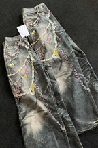 Punk Heavy Chain Print Floor-Length Denim Pants