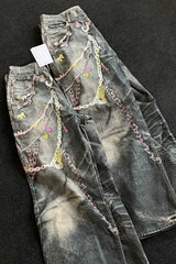Punk Heavy Chain Print Floor-Length Denim Pants