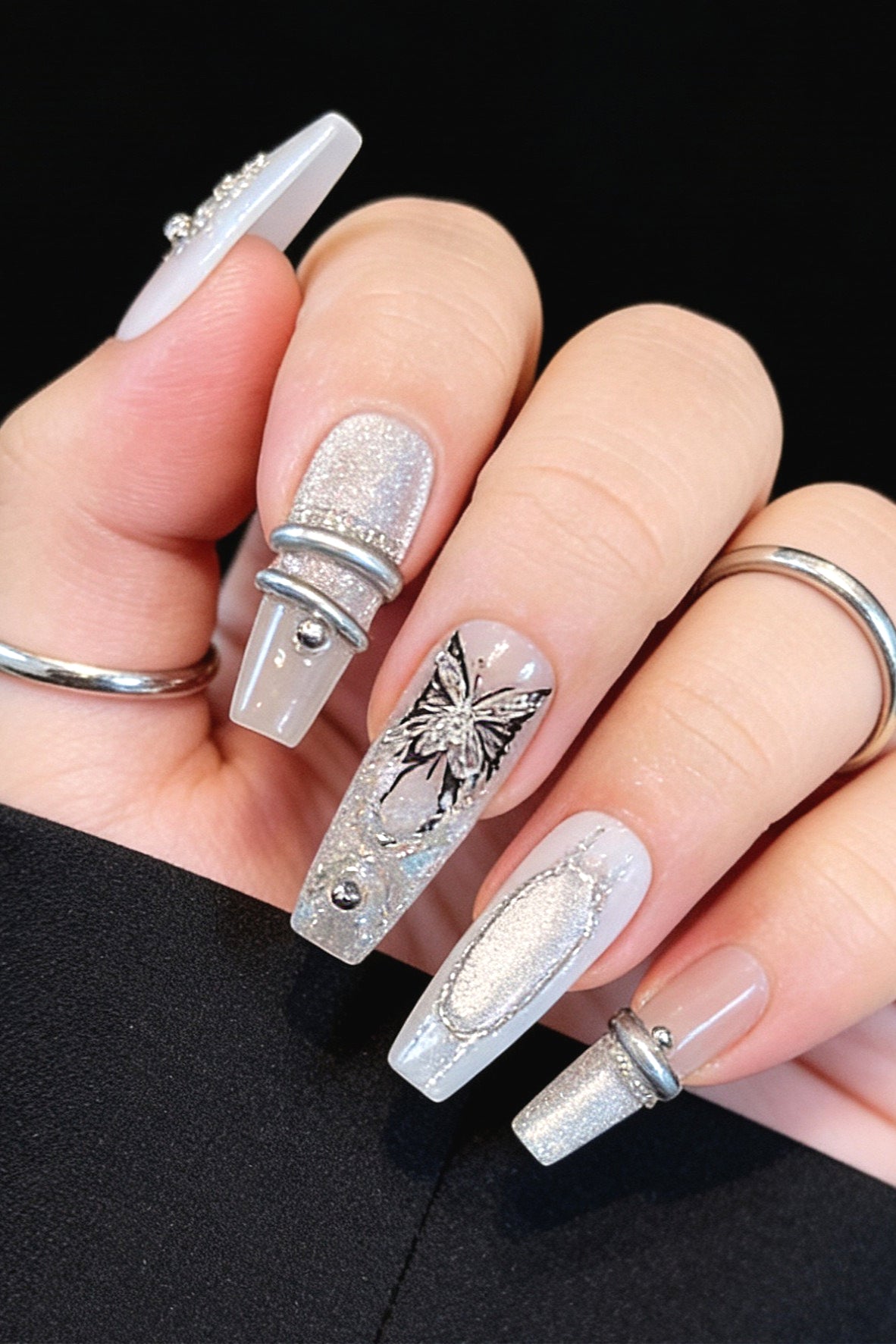 Butterfly Rhinestone Glue Drip Press On Nails