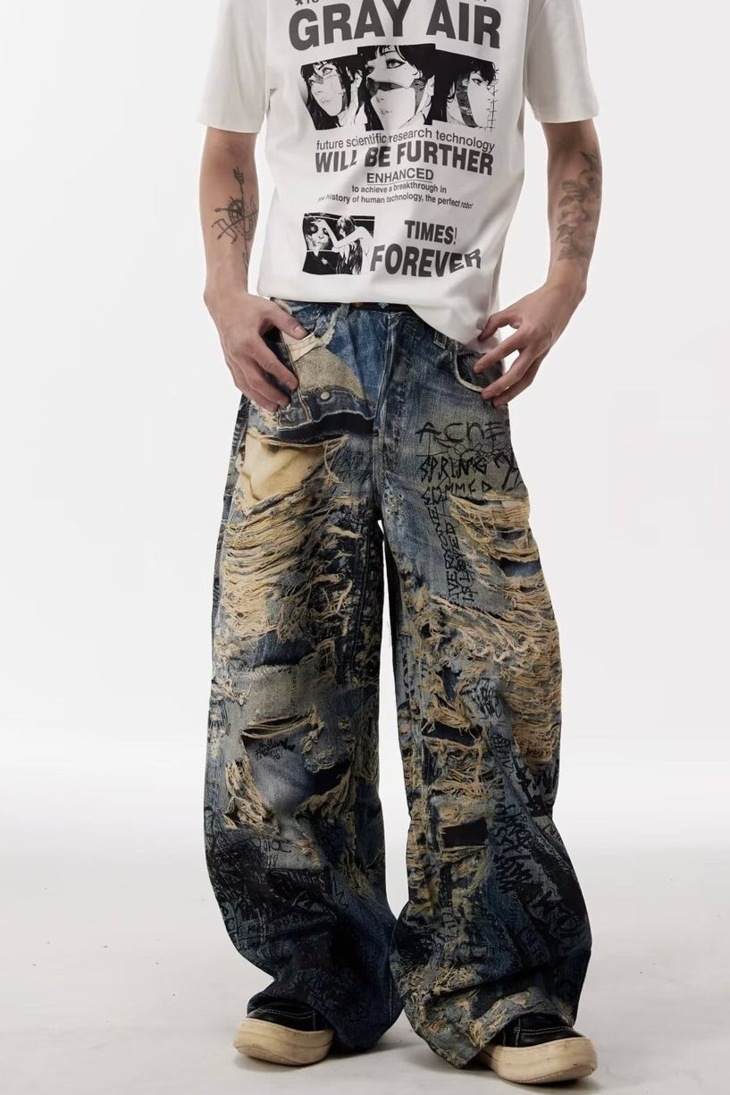 Graffiti Print Distressed Effect Pants