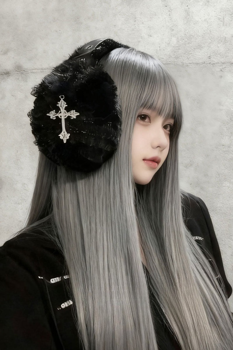 Black Lace Cross Pin Y2K Earmuff Main image