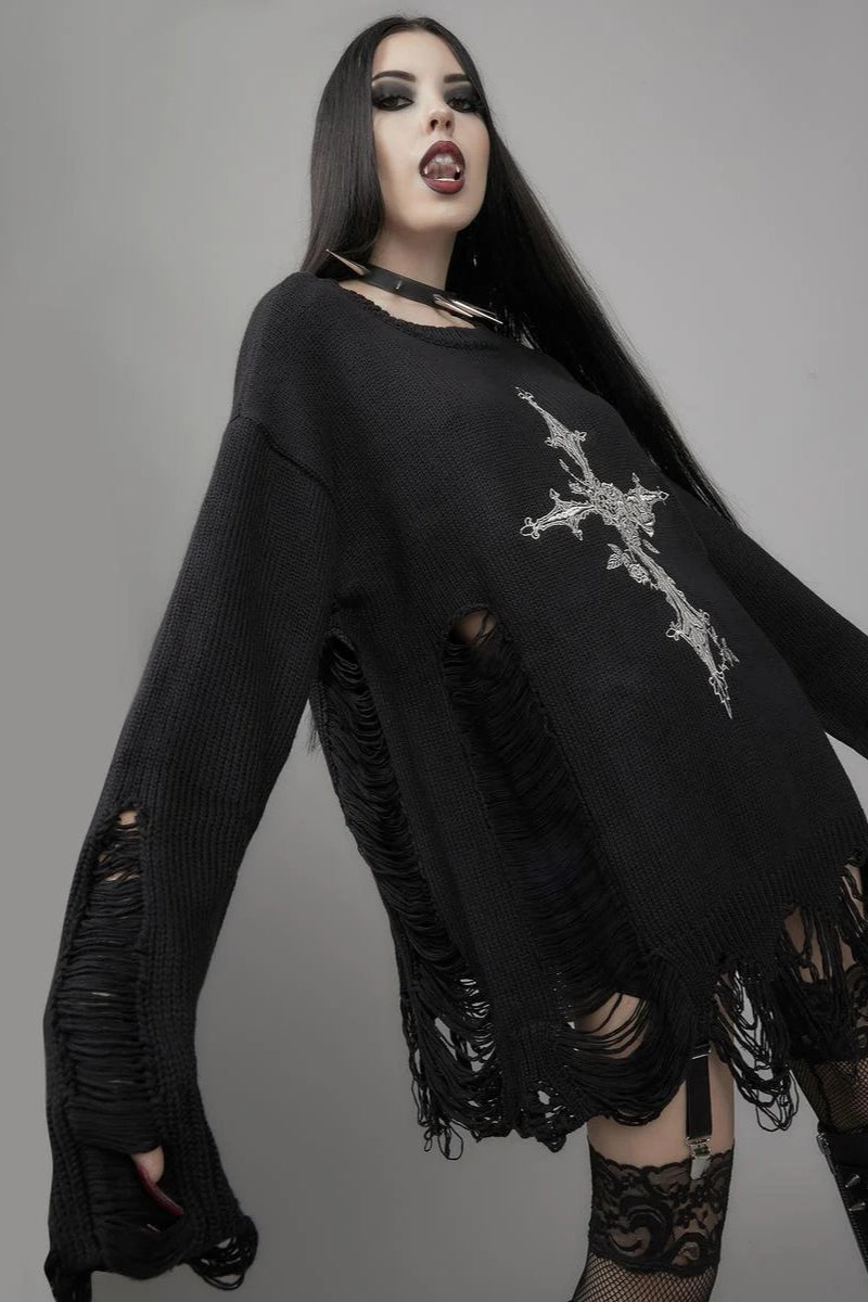 Knit Cross Cutout Distressed Long Sleeve Sweater Secondary image