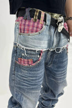 Plaid Double Waist Denim Pants