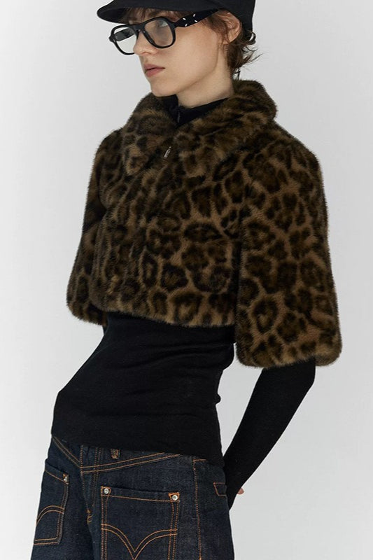 Leopard Plush Cropped Zip Coats